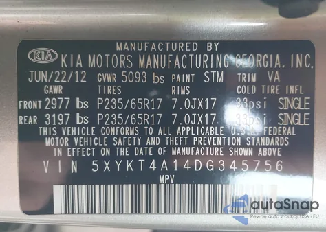 2013 Kia Sorento Lx z USA, uszkodzony, nr VIN 5XYKT4A14DG345756